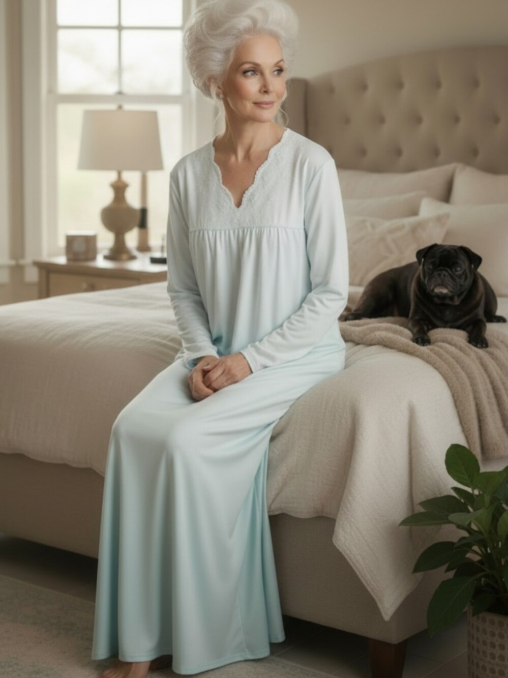Vintage Oscar De La Renta Soft Long Sleeve Nightgown in Pale Blue